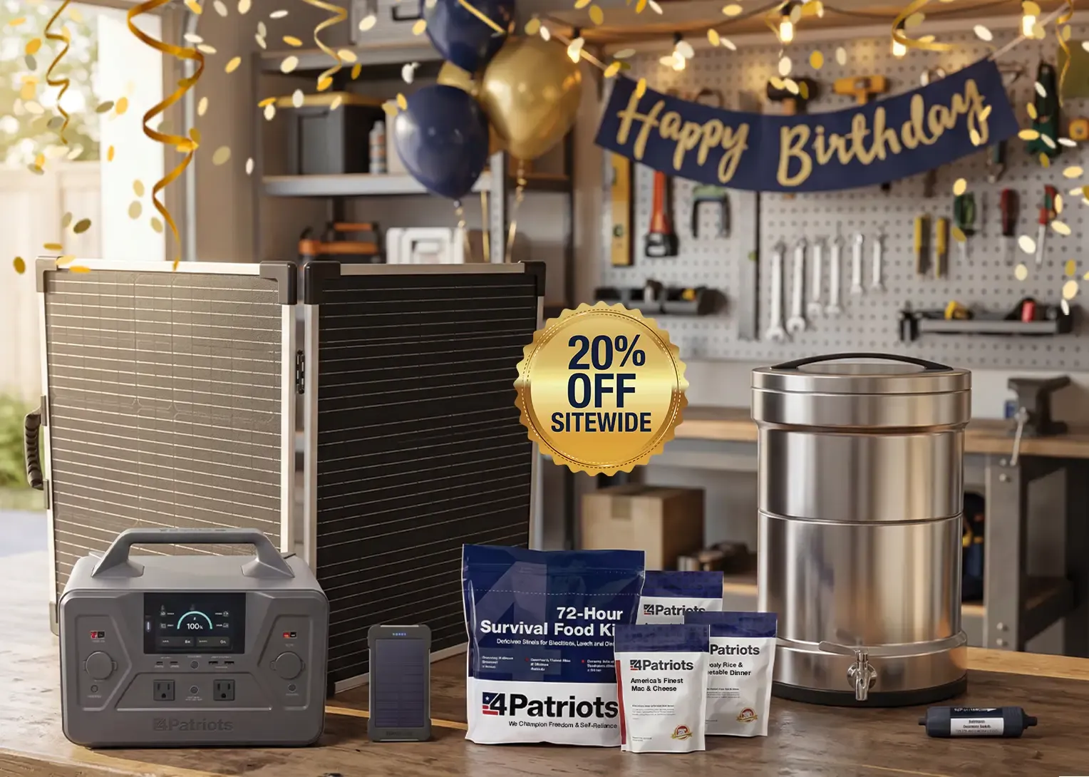 Multiple 4Patriot products on a workbench in a garage, with balloons and confetti celebrating the co-founders birthday.