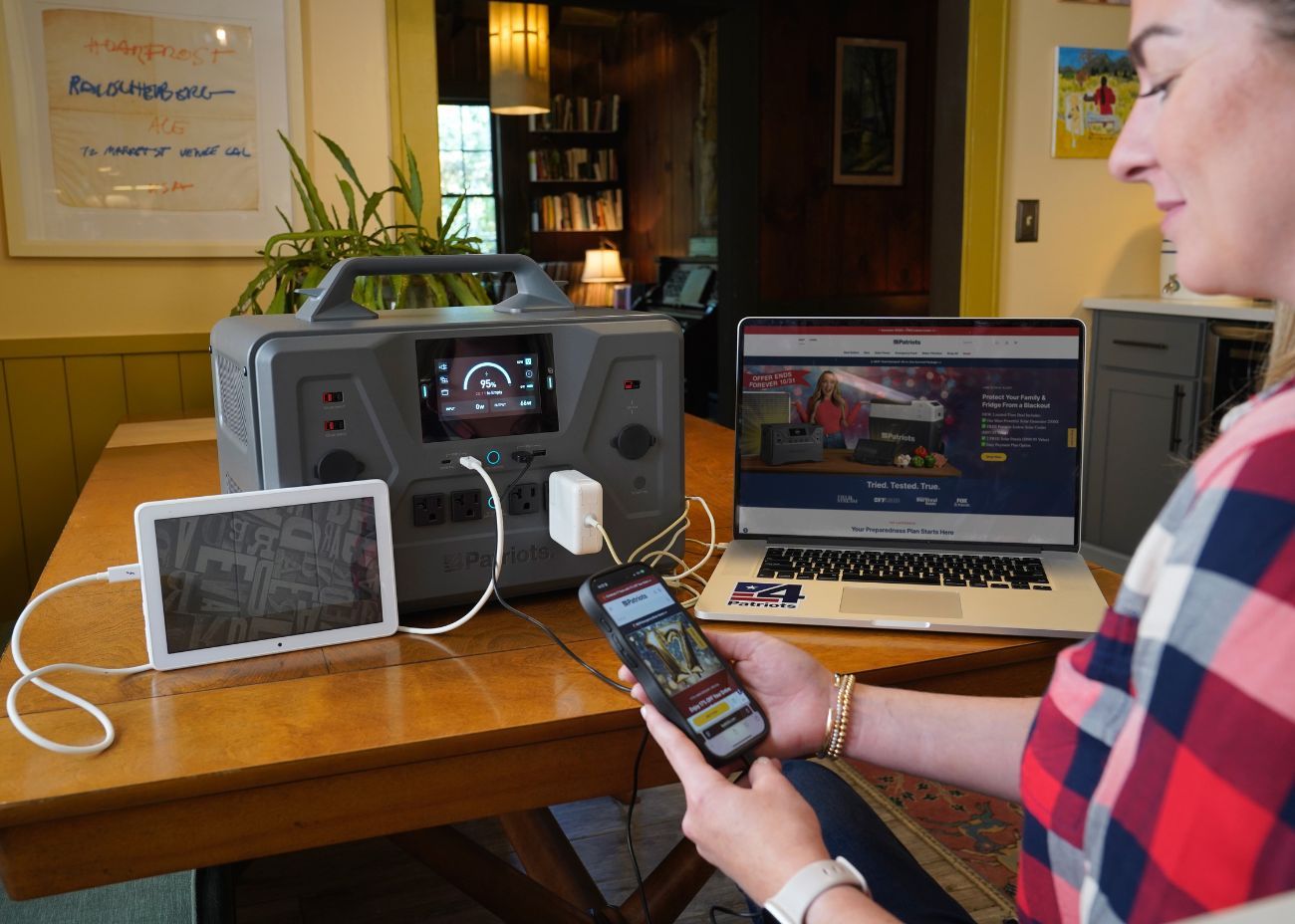 A woman in a red plaid shirt sits at a wooden dining table using a Patriot Power Generator 2200X to power multiple devices. The large, portable power station is central on the table, with a laptop, a tablet, and a smartphone all plugged into its front ports. The generator's digital display shows 95% battery life. The background shows a cozy, well-lit home interior, emphasizing the unit's role as a reliable indoor backup power source.