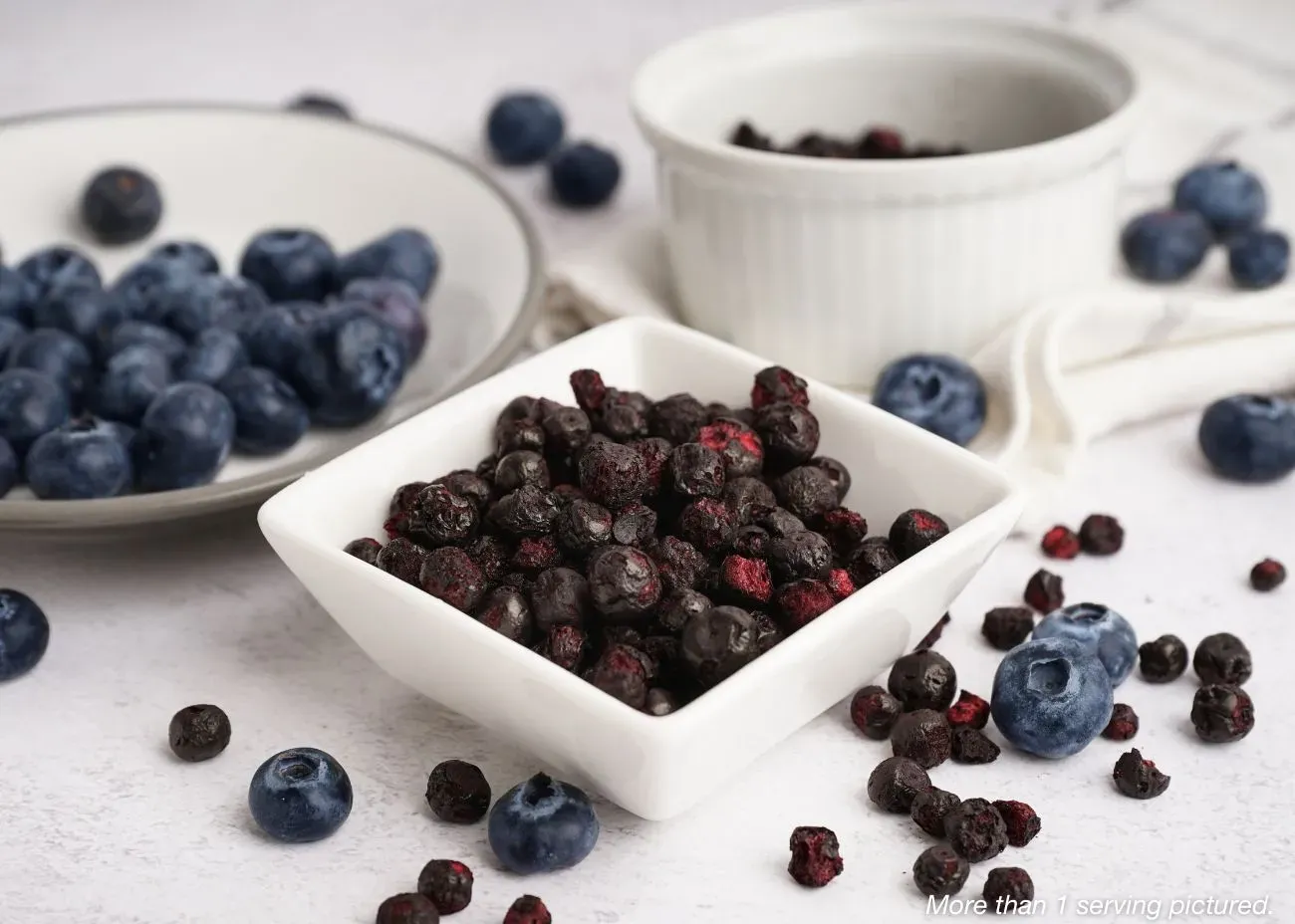Freeze-Dried Blueberries Emergency Supply Food Kit A square white bowl filled with dark, freeze-dried blueberries, surrounded by fresh blueberries and other white serving dishes.