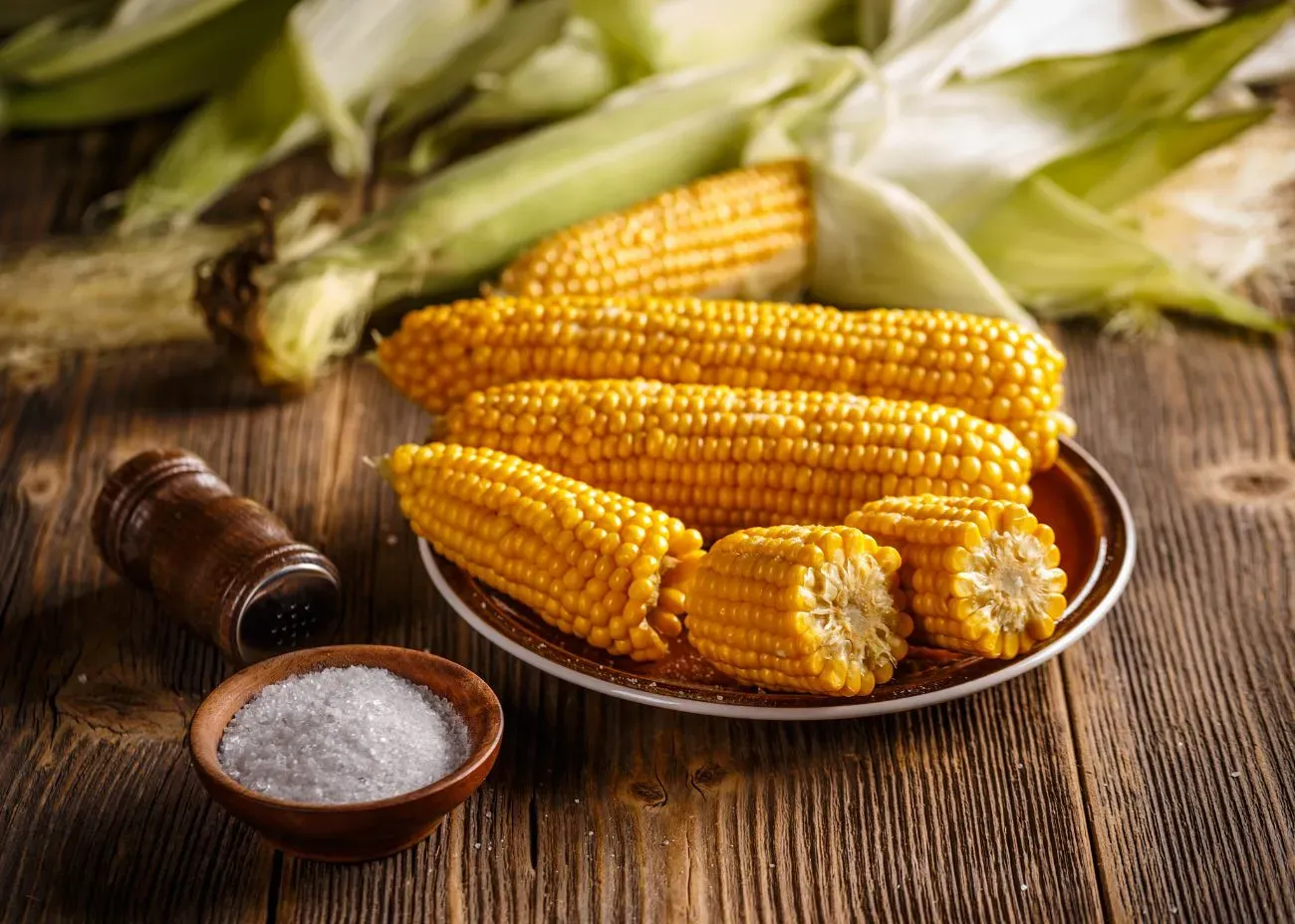 Freeze-Dried Corn Emergency Supply Food Kit Whole ears of golden yellow corn and broken sections served on a plate on a rustic wooden table, accompanied by a small bowl of salt and a pepper grinder.
