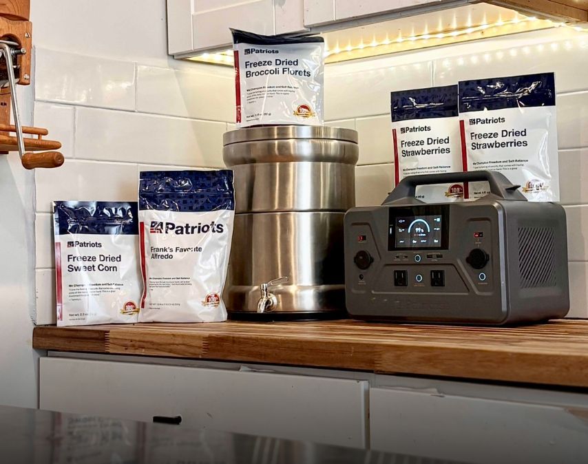 A kitchen counter display featuring several bags of 4Patriots freeze-dried food (broccoli, strawberries, sweet corn, and alfredo), a large stainless steel water filtration system, and a portable solar power generator 1200.