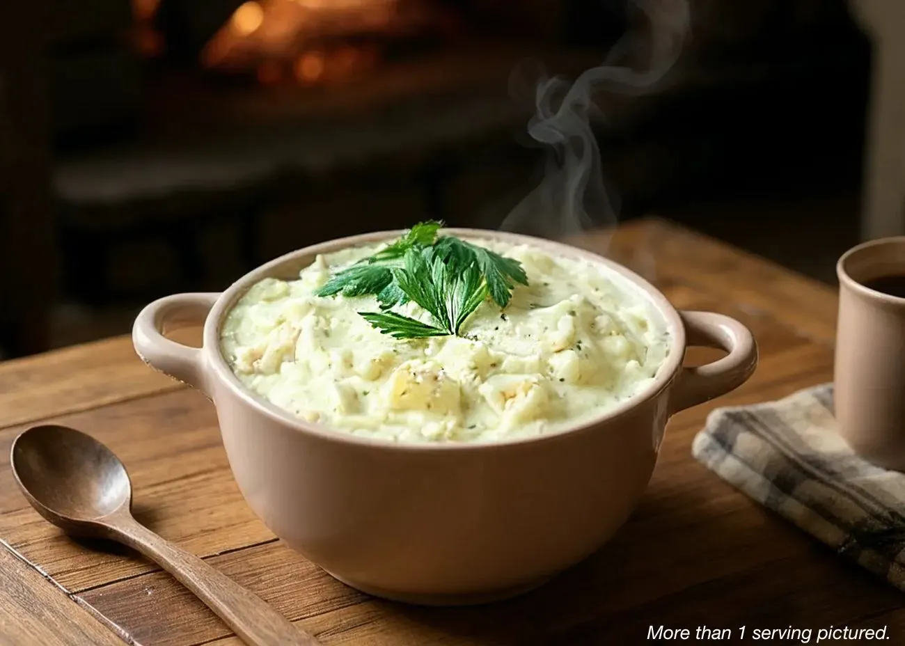 Loaded Chicken Stew Emergency Supply Food Kit A steaming bowl of Loaded Chicken Stew Emergency Food on a wooden table.