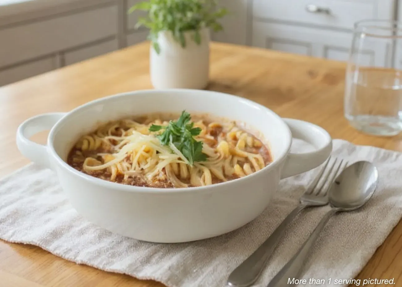 A white two-handled bowl of pasta in a savory red sauce, topped with a generous amount of shredded cheese and a parsley garnish.