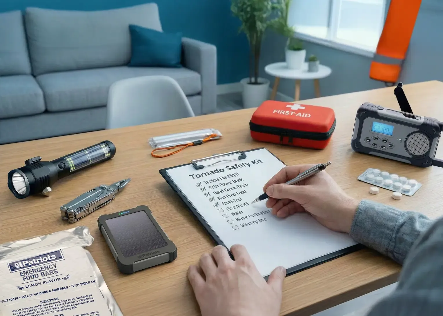 A person making a checklist of essentials needed for a Tornado Safety Kit