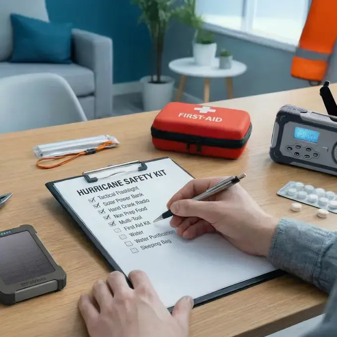 A person going through a checklist for hurricane preparedness safety kit