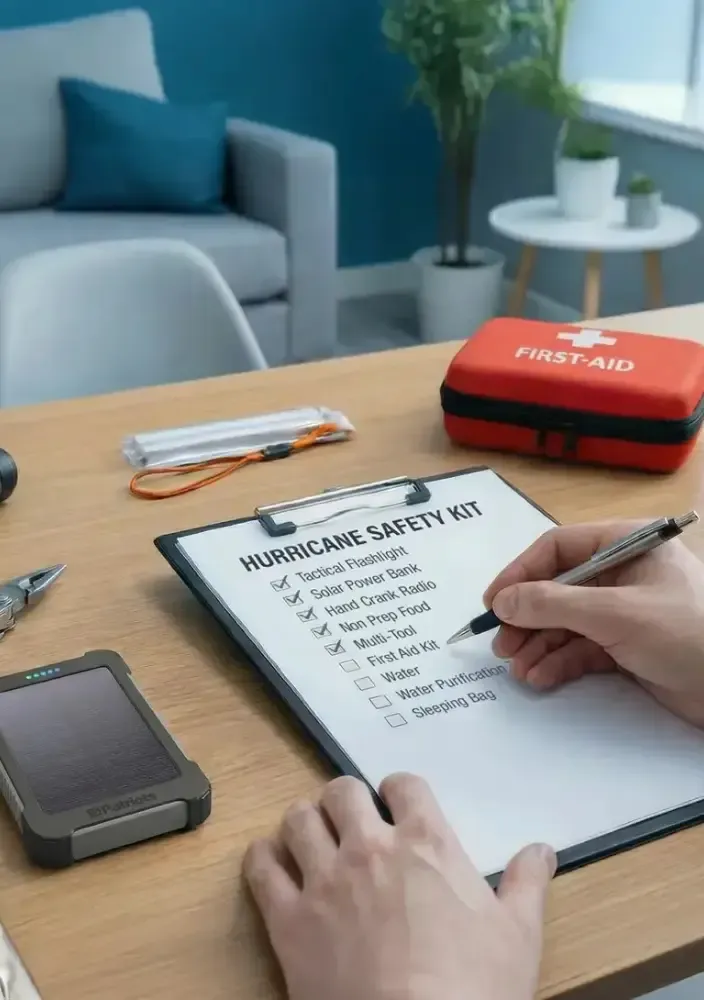A person checking off a "Hurricane Safety Kit" list on a clipboard. Spread across a wooden desk are several emergency supplies, including a Patriot Power Cell-CX Portable Solar Power Bank, a multi-tool, a small red first-aid kit, a Liberty Band Emergency Solar Weather Radio, and a blister pack of medication.