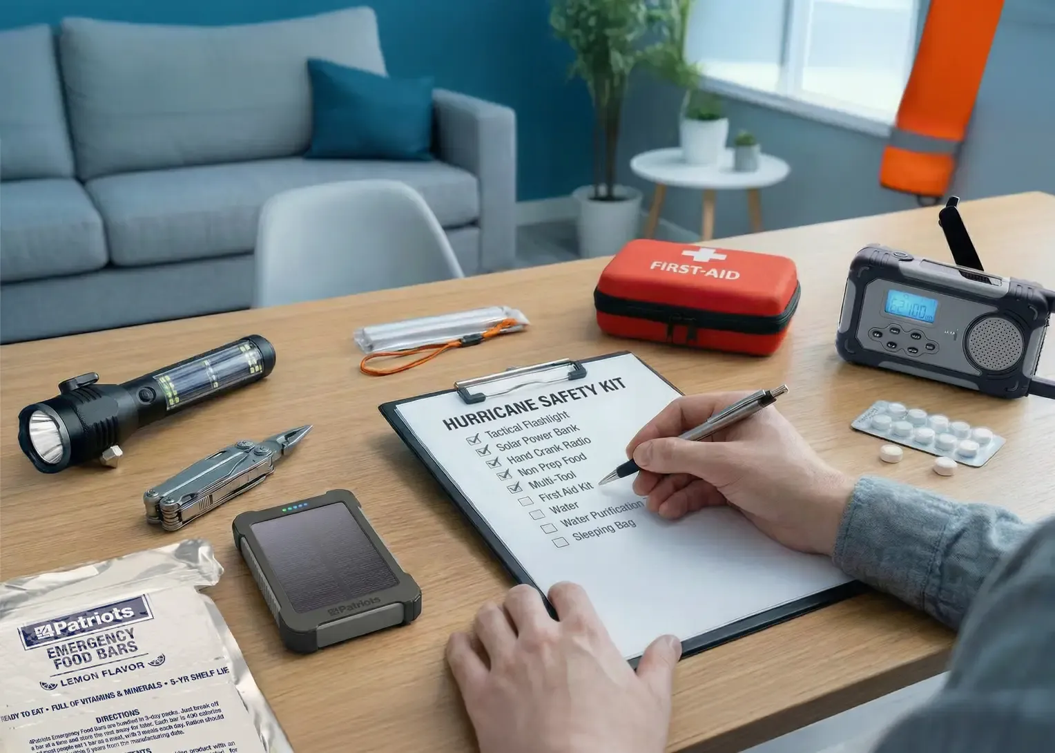 Person making a survival safety checklist for hurricane preparedness week