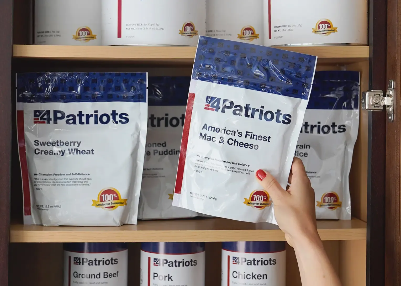 A woman stocking her pantry with survival food pouches and #10 cans 