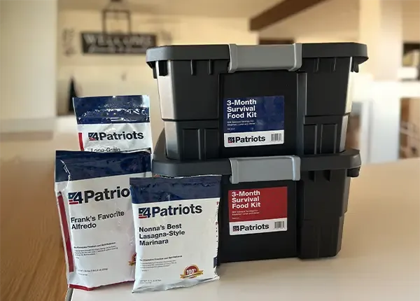 The 4Patriots 3-Month Survival Food Kit displayed on a kitchen countertop