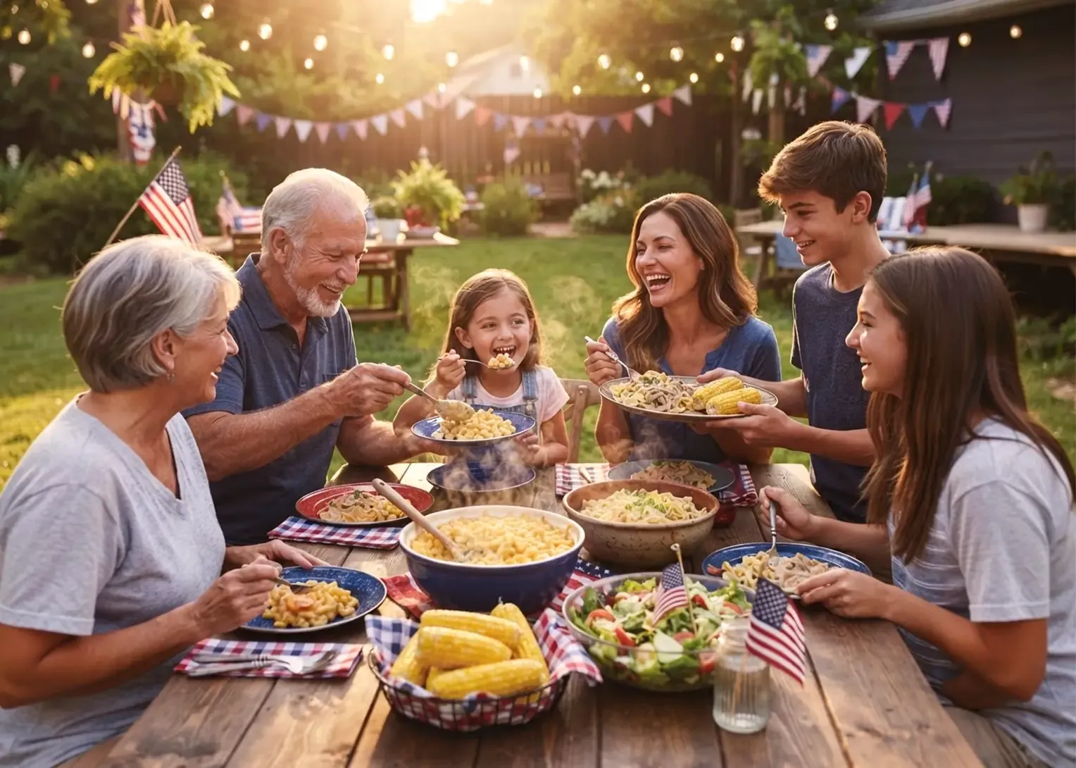 4-Week Survival Food Kit A family having a picnic in their backyard surrounded by American flags and decor, made with food from the 4-Week Food Kit.
