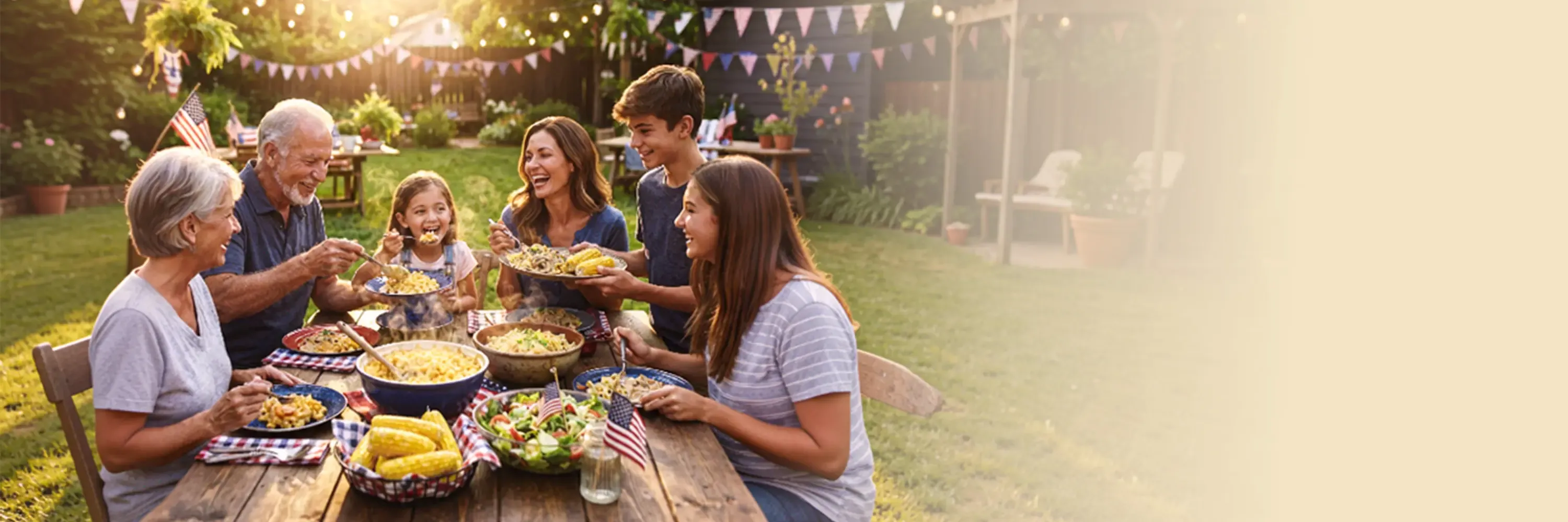 4-Week Survival Food Kit A family having a picnic in their backyard surrounded by American flags and decor, made with food from the 4-Week Food Kit.