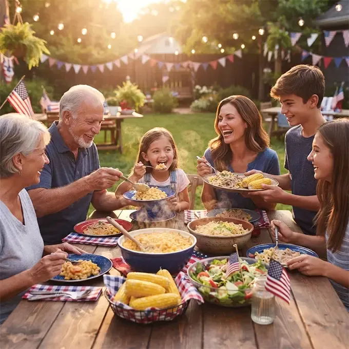 A family having a picnic in their backyard surrounded by American flags and decor, made with food from the 4-Week Food Kit.