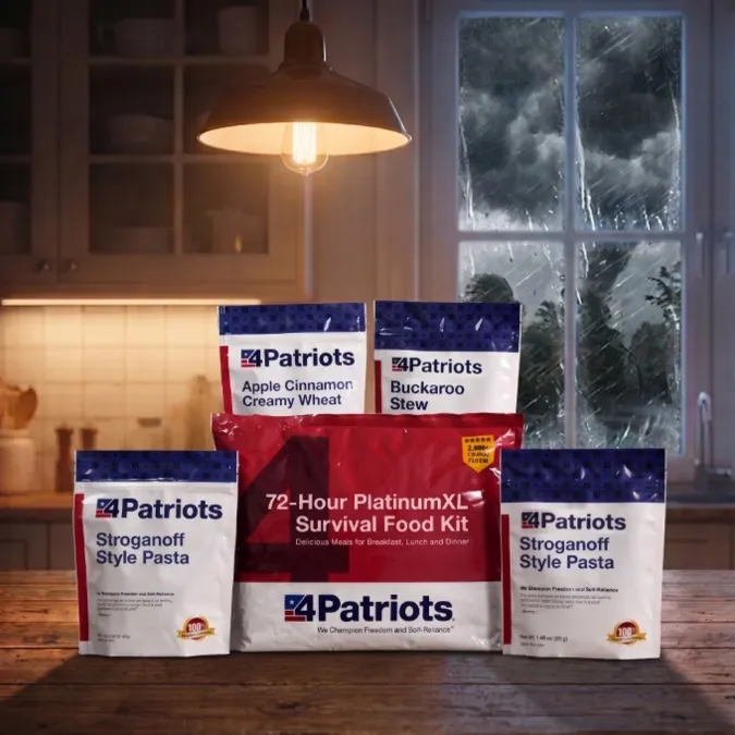 A 72-Hour Platinum XL Food Kit sitting on a kitchen counter while there is a storm going on outside seen through the window. 