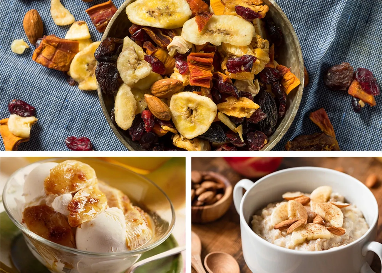 A collage image of freeze dried bananas being used in recipes of trail mix, oatmeal, and ice cream.