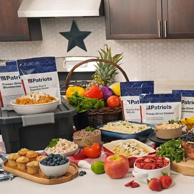 A lifestyle display of 4Patriots "Family Favorites" emergency food supply kits. The image features several large, black storage totes labeled with "Family Favorites" stacked alongside individual silver Mylar pouches of prepared meals. In the foreground, bowls of warm, appetizing food, such as mac and cheese and hearty soups, are shown ready to eat, illustrating the variety and quality of the long-term storage meals.