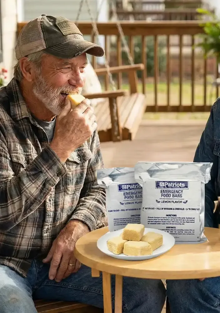 Man eating Emergency Food Ration Lemon Bars