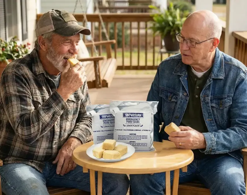 2 men eating emergency food ration lemon bars