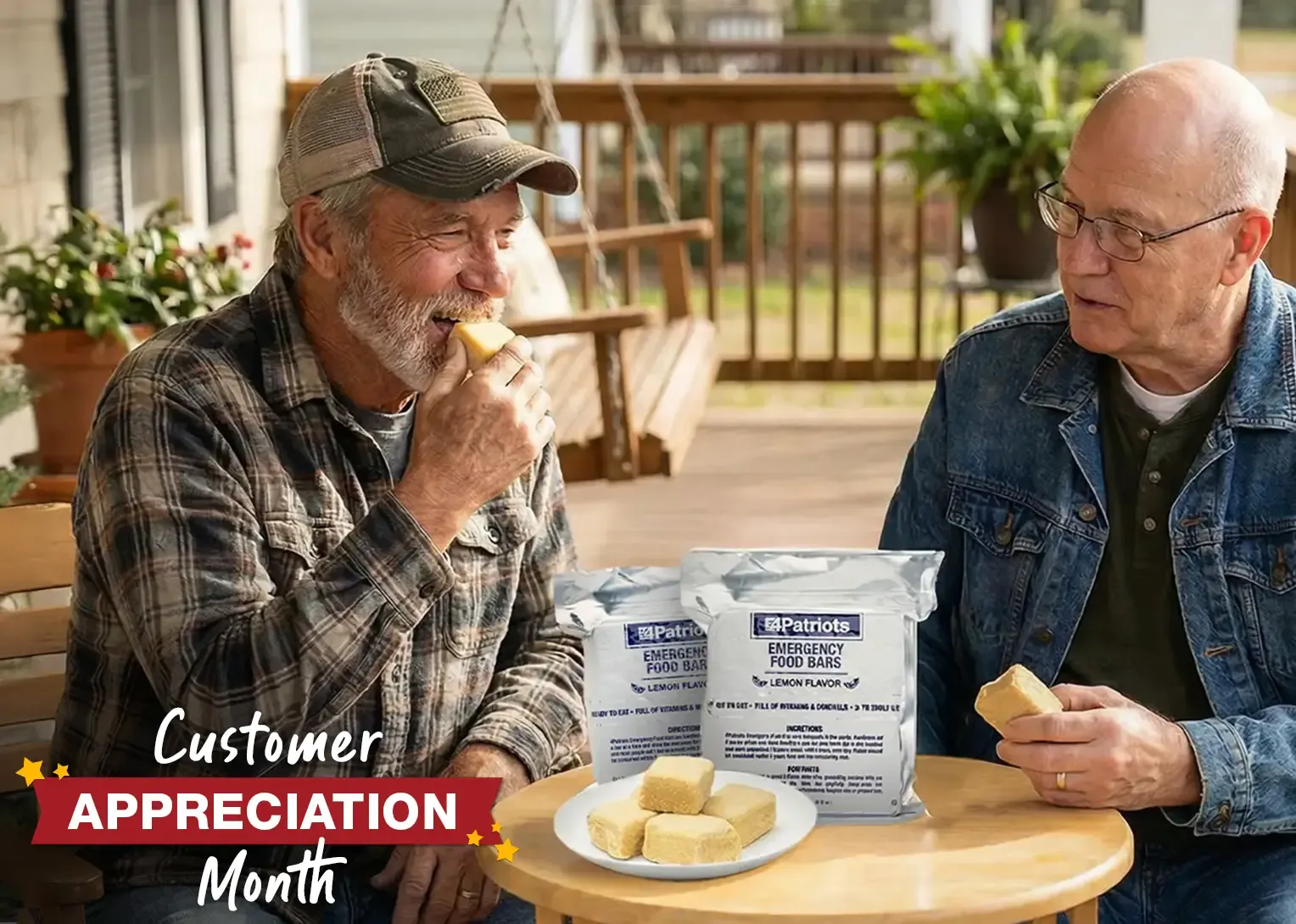 2 men sitting at a table eating Emergency Food Ration Bars