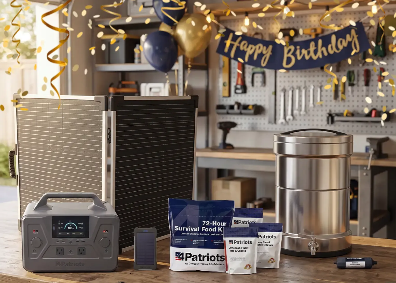 Multiple 4Patriot products on a workbench in a garage, with balloons and confetti celebrating the co-founders birthday.