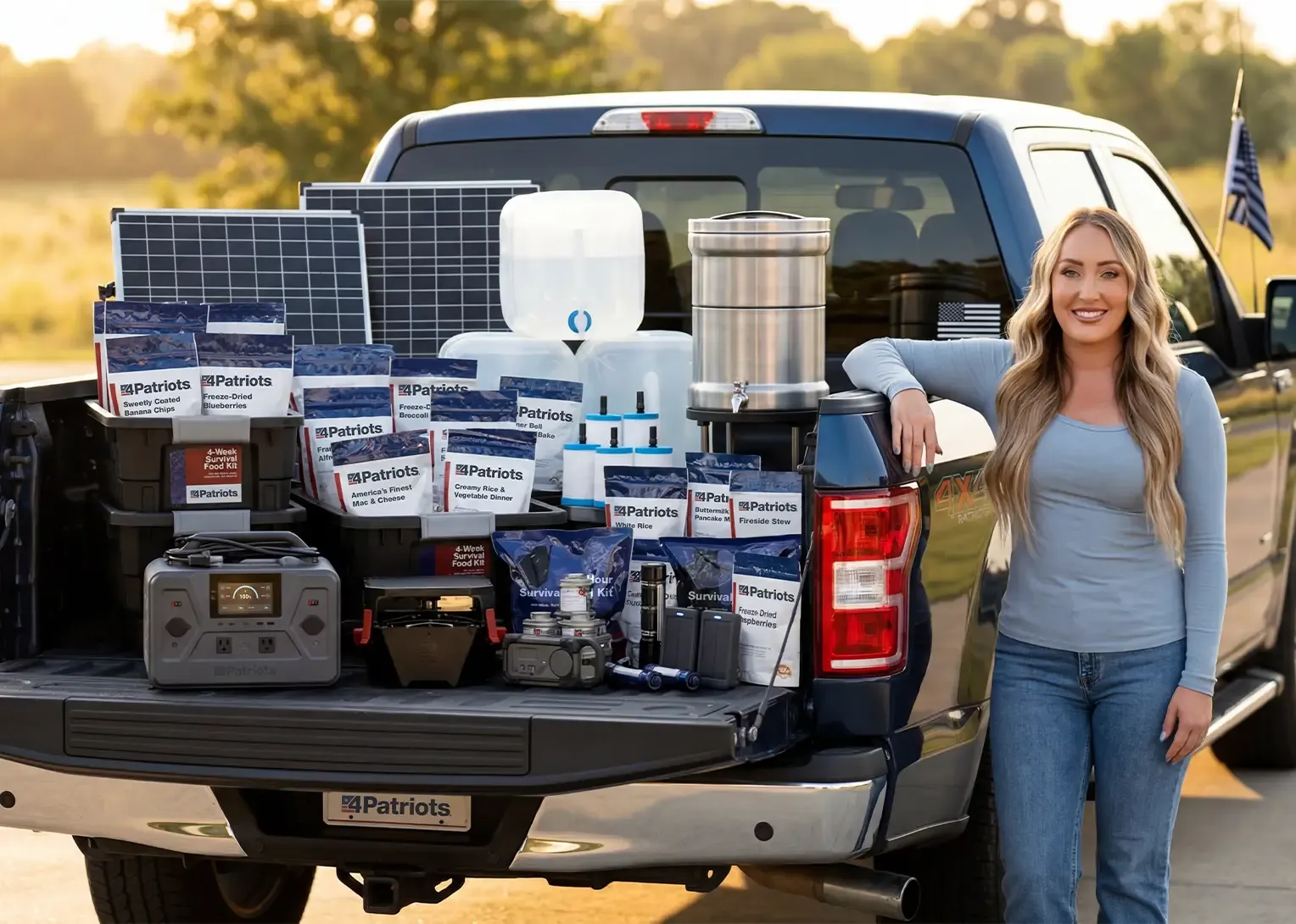 A woman standing by a truck with the bed of it filled with power, food, and water products that come with the Gold Reserve Emergency Supply Package. 