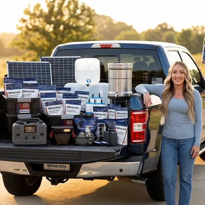 A woman standing by a truck filled with power, food, and water products that come with the all-in-1 Gold Reserve Survival Package. 