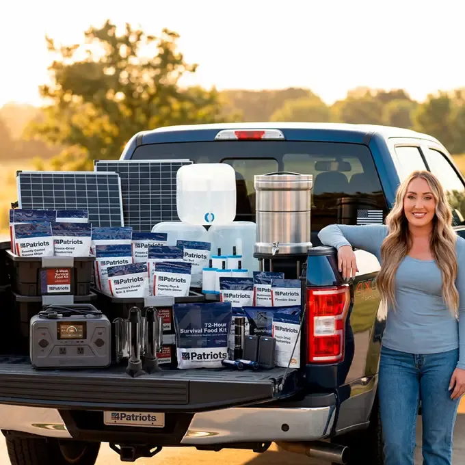 Gold Reserve Survival Package A woman standing at the back of her pickup truck with all types of power, food, and water products that come with the Gold Reserve Survival Package