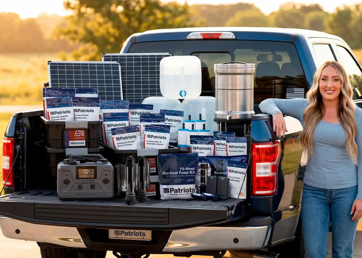 A woman standing at the back of her pickup truck with all types of power, food, and water products that come with the Gold Reserve Survival Package