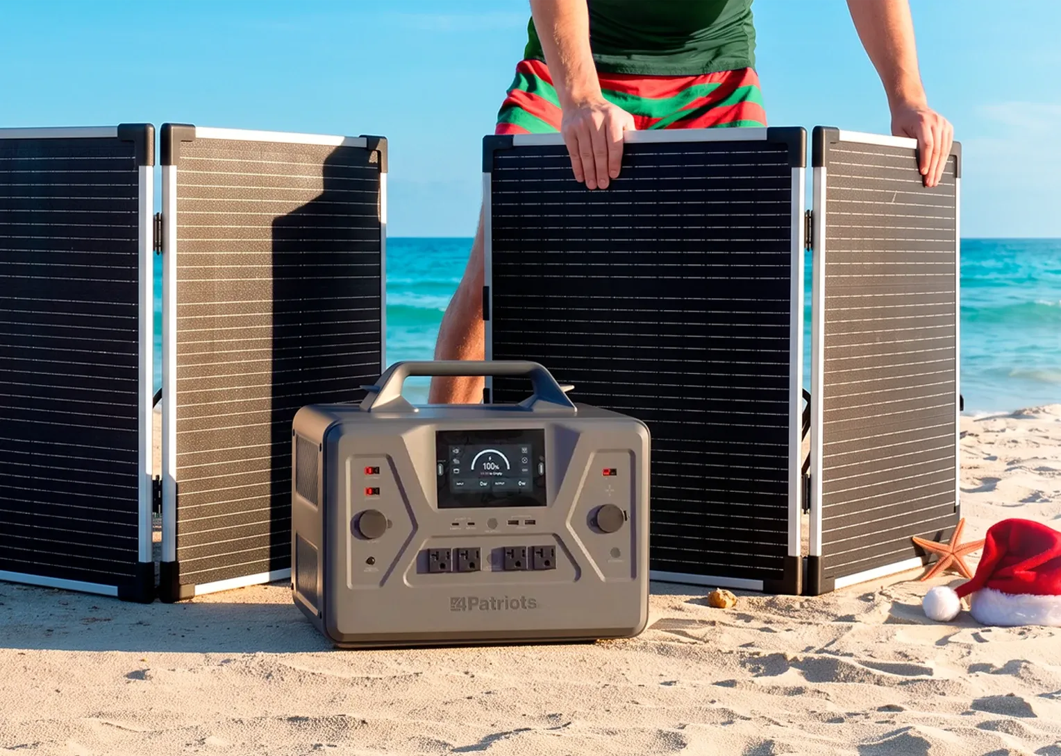 A man setting up his Solar Generator 2200X on the beach with 2 solar panels to celebrate a Christmas in July special.