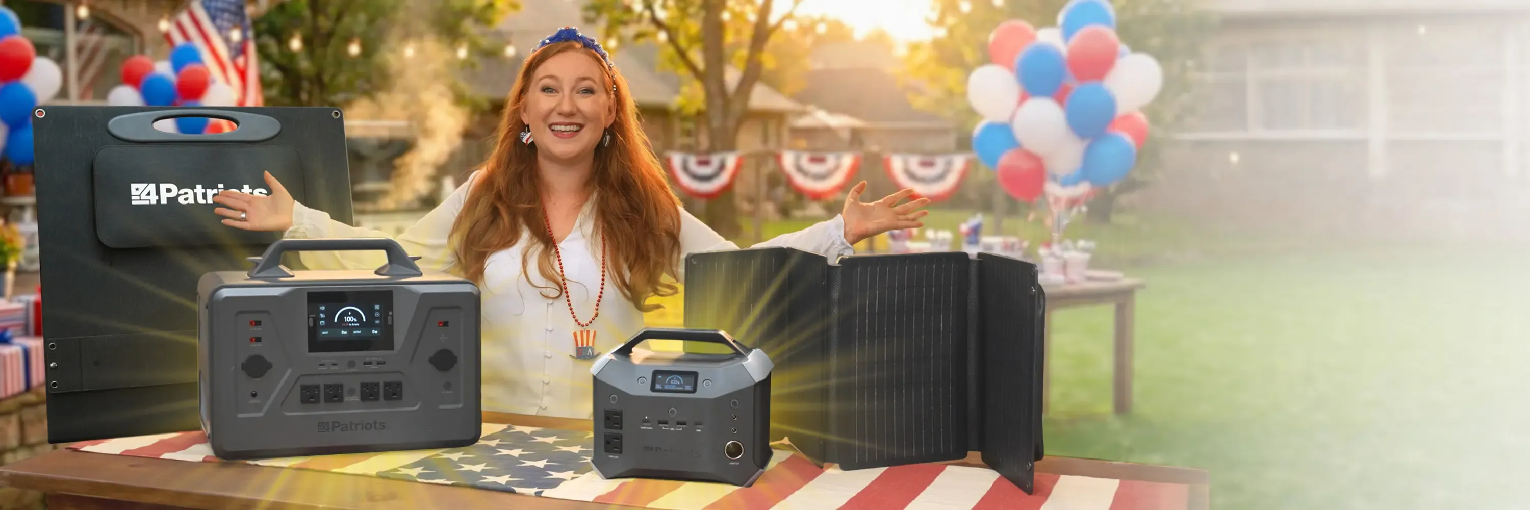 A smiling woman stands behind a table displaying a 4Patriots Patriot Power Solar Generator 2200X and folded 200-Watt solar panel and a Patriot Power Sidekick Solar Generator and foldable 40-Watt solar panel decorated with American flags, patriotic balloons and bunting at an outdoor backyard gathering during sunset.
