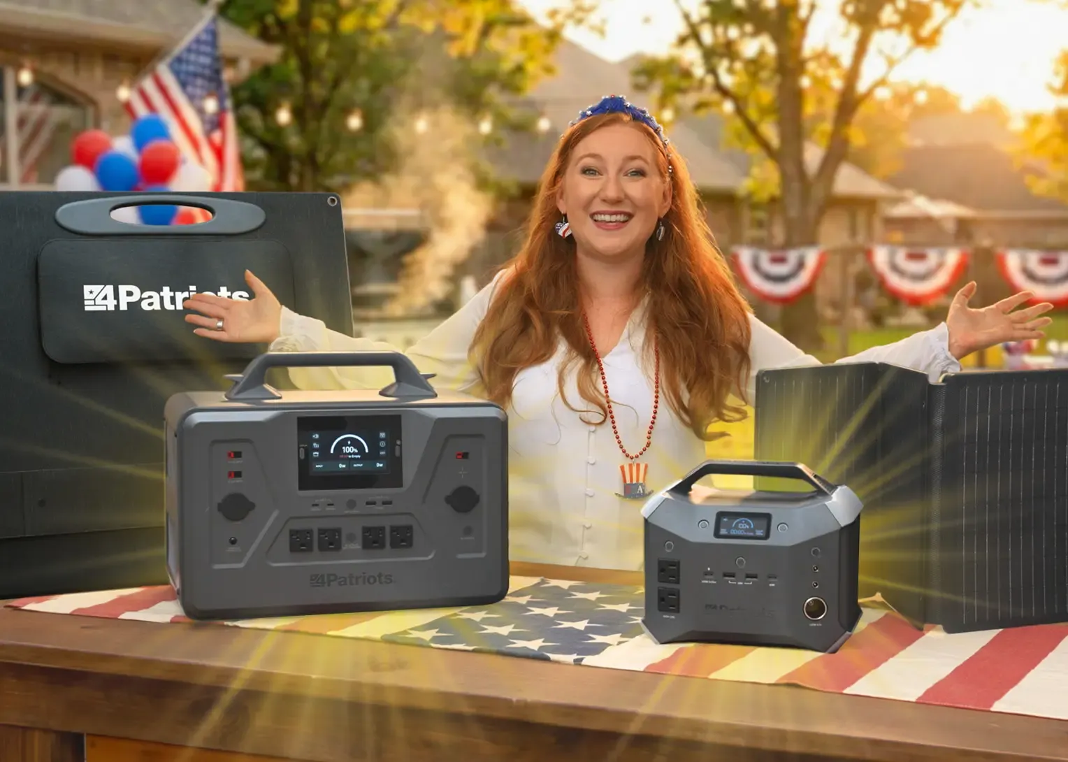 A smiling woman stands behind a table displaying a 4Patriots Patriot Power Solar Generator 2200X and folded 200-Watt solar panel and a Patriot Power Sidekick Solar Generator and foldable 40-Watt solar panel decorated with American flags, patriotic balloons and bunting at an outdoor backyard gathering during sunset.