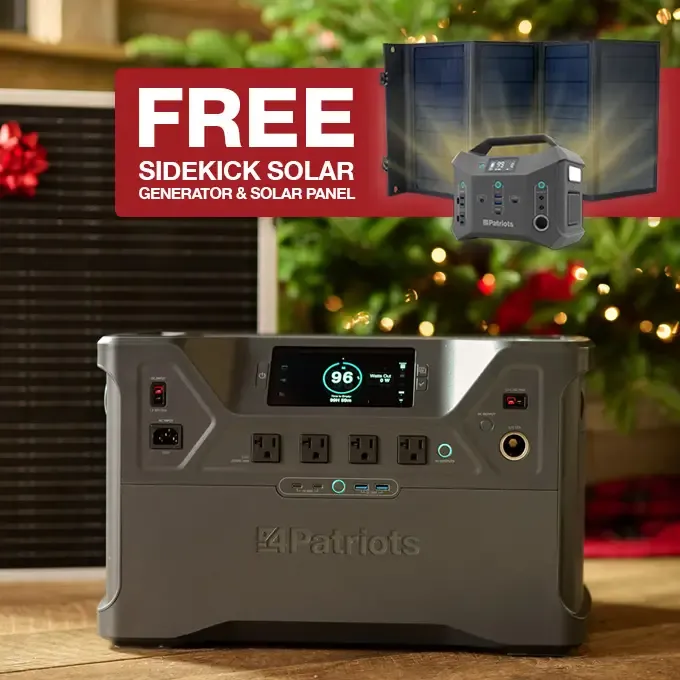 4Patriots Patriot Power Solar Generator 2500X and 100-Watt solar panel on wood floor with Christmas tree in background, featuring a promo for a free Patriot Power Sidekick Solar Generator and 40-Watt solar panel.