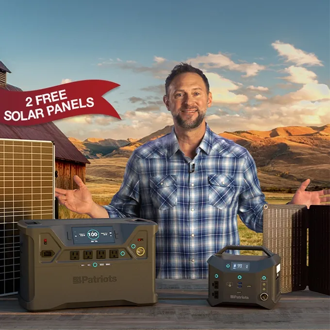 Patriot Power Solar Generator 1800 A portable solar generator from 4Patriots sits on a table in a living room, with a television in the background showing a football game in action.