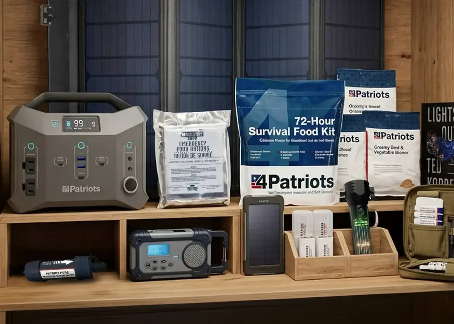 A mix of power, food, and water products from the 3 Day Emergency Power Supply Kit