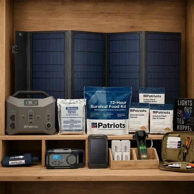 A mix of power, food, and water products that are part of the NEW 3-Day back up power starter kit