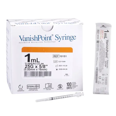 TB Syringe Safety 1 mL 25G x 5/8" Retractable, 100/Bx