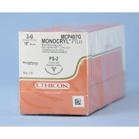 Suture Monocryl Plus 3-0 Undyed Mono 18" PS-2 Reverse Cutting 3/8 Circle, 12/Bx
