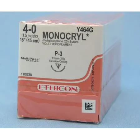 Suture Monocryl 4-0 Violet Mono 18" P-3 Reverse Cutting 3/8 Circle, 12/Bx