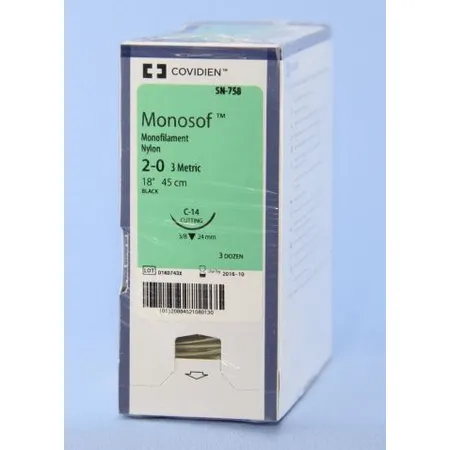 Suture, Reverse Cutting, Size 2-0, Black, 18", Needle C-14, 3/8 Circle, 3 dz/bx