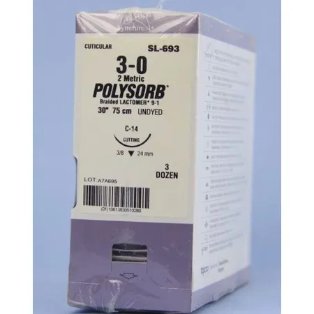 Suture, Reverse Cutting, Size 3-0, Undyed, 30", Needle C-14, 3/8 Circle, 3 dz/bx