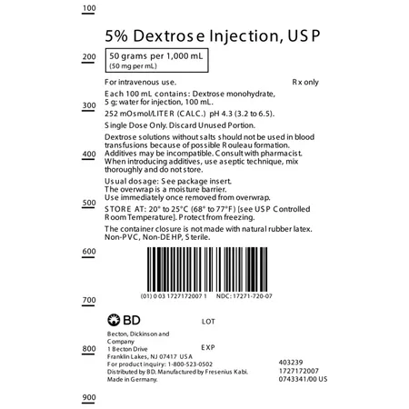 Dextrose Inj, IV Fluid, 5%, USP 1000 ml, 10/Cs