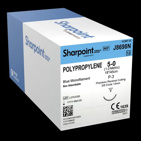Suture Polypropylene 5-0 18" Blue Mono PS-3 Precision Reverse 3/8 Circle, 12/Bx