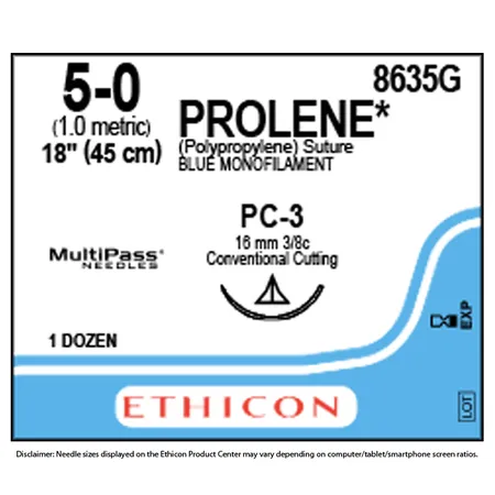 Suture Prolene 5-0 Blue Mono 18" PC-3 Reverse Cutting 3/8 Circle, 12/Bx