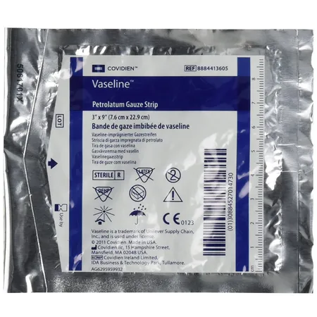 Gauze Dressing Vaseline Petrolatum Non-Adherent 3" x 9" Strip in Overlap, 12/Bx